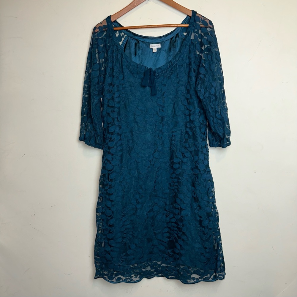 Garnet Hill Boheme Easy Lace Dress Green Vine Leaf Overlay Boho Tie Neck SZ 12